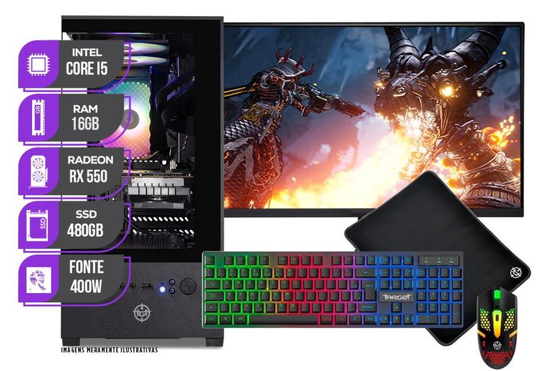 Imagem do produto PC Gamer Completo Mancer, Intel Core i5, RX 550 4GB, 16GB de Ram, SSD 480GB, Monitor 21" em Magazine Luiza